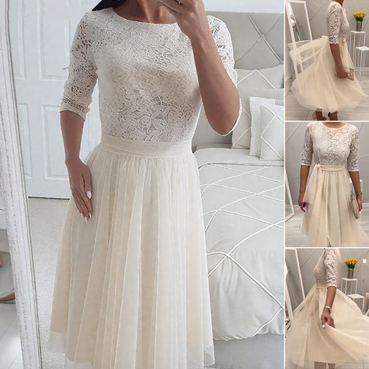 💐Elegancka sukienka midi z koronką przy szyi