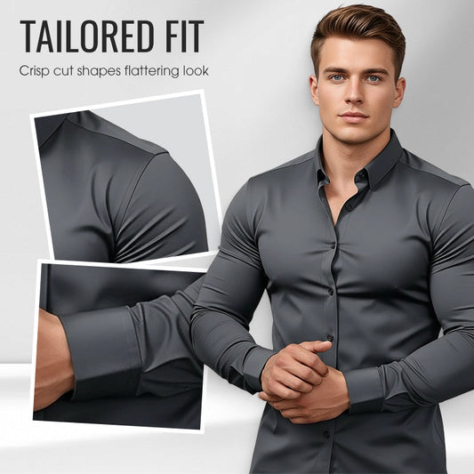 👔Męska koszula z długim rękawem, jednokolorowa, przeciwzmarszczkowa, o wysokiej elastyczności